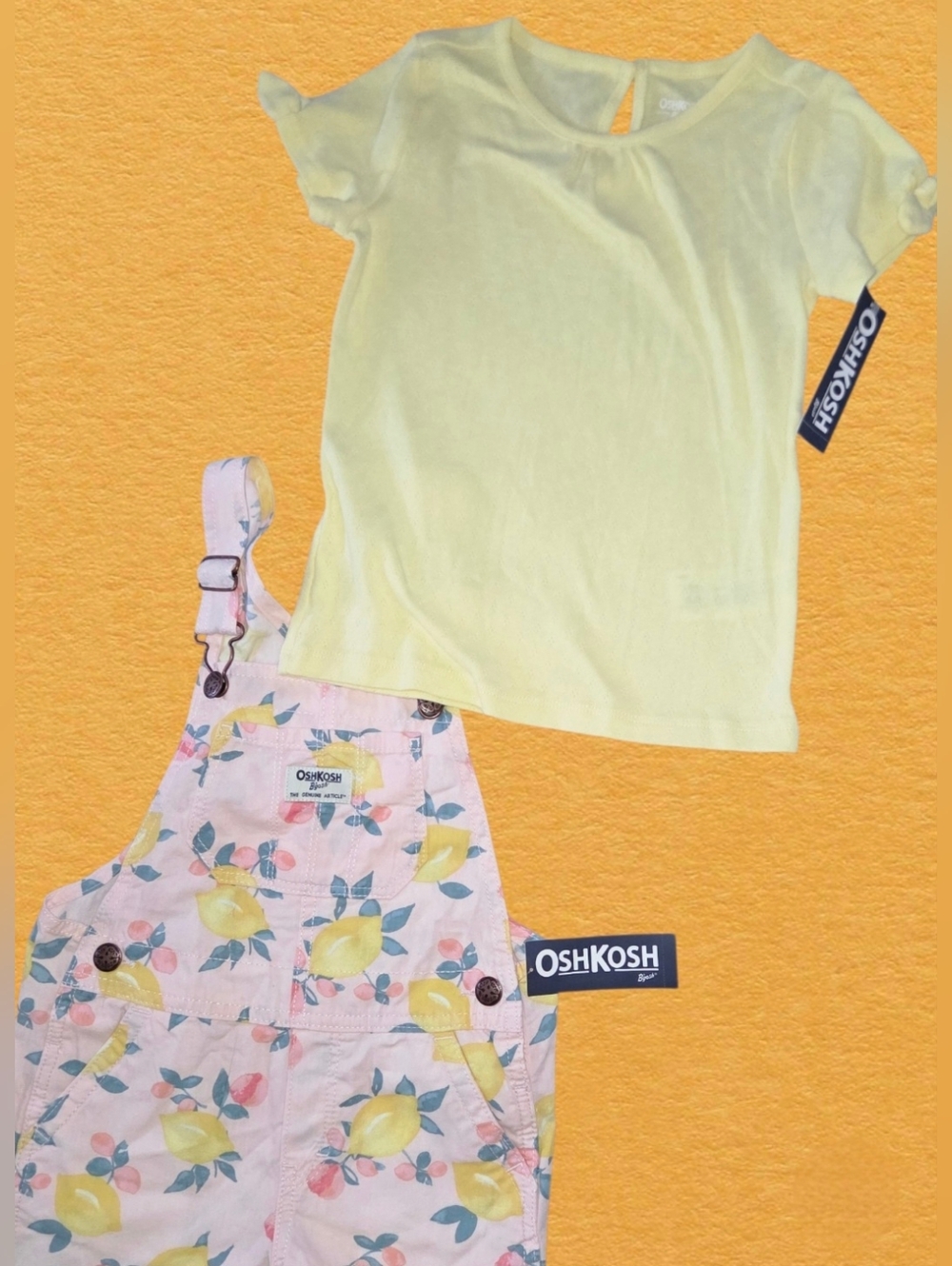 NEW OshKosh B'gosh Lemon Print Pink Overalls with Yellow shirt
